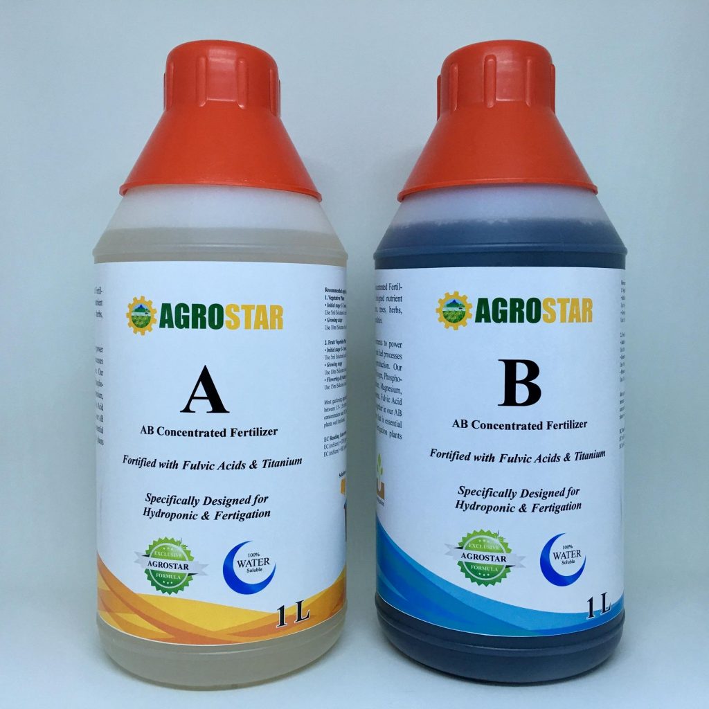 AGROSTAR AB NPK Concentrated Fertilizer Fortified with Fulvic Acids and Titanium specifically designed hydroponics and fertigation plants such as herbs, lettuce and other vegetables (2 Bottles x 1L)