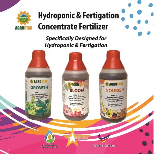 AGROSTAR Hydroponic & Fertigation Concentrated Fertilizer Series for all stages of plant needs - GROWTH, BLOOM, NOURISH (3 X 1L) Pack)