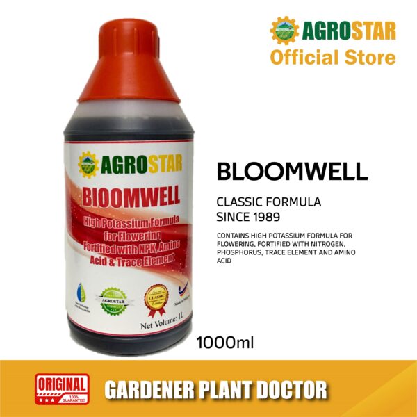 AGROSTAR - Bloomwell - High Potassium formula for flowering fortified with N P K, Amino Acid and trace element Liquid Fertilizer for Vegetables, flower, durian, Fruits &  All ornamentals 1L (Black)